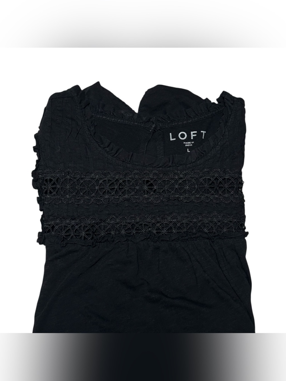 LOFT Black Flutter Sleeve Blouse Women’s L Cotton Embroidered Lace Ruffle Top